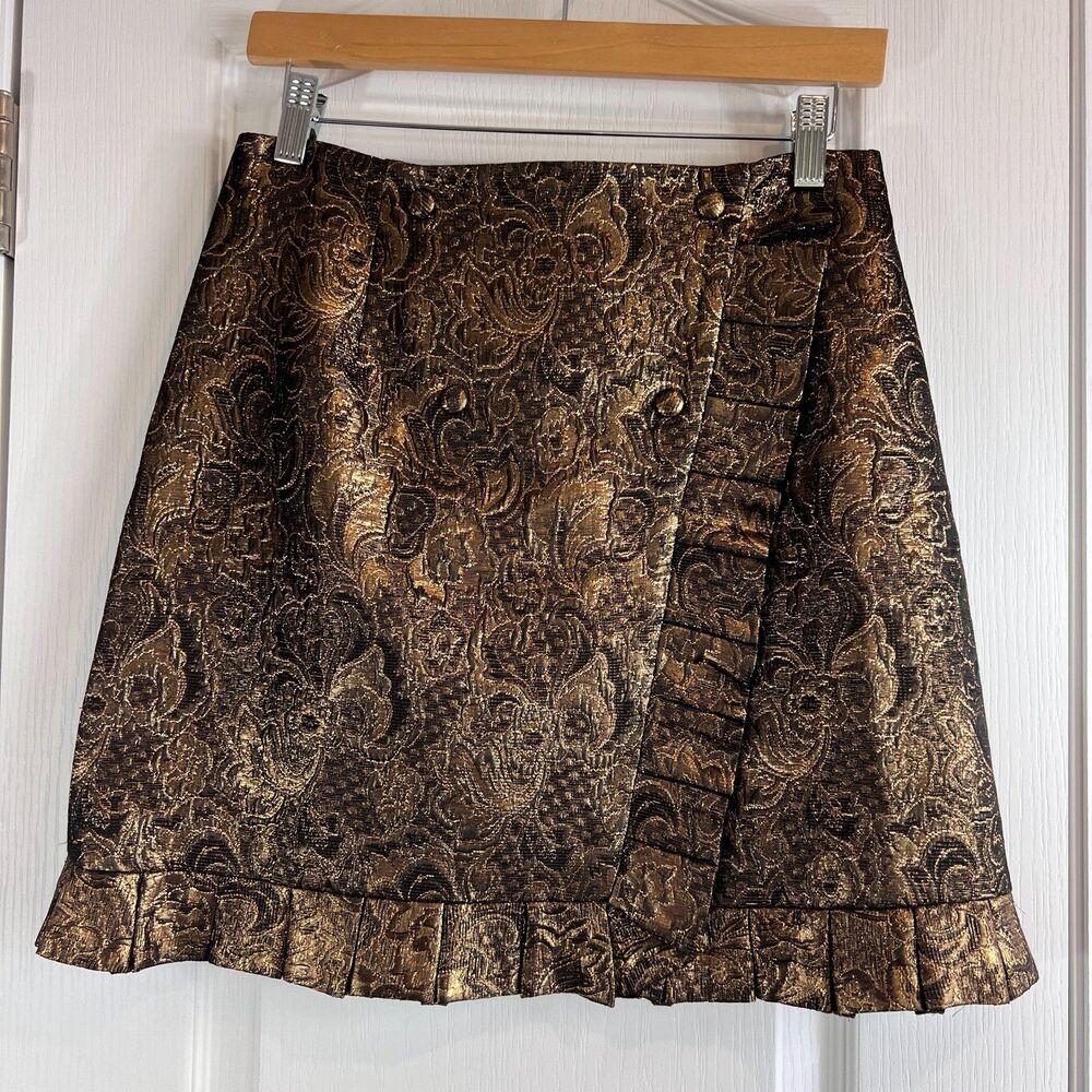 Sandro Goldena Ruffled Brocade Mini Skirt Metallic Gold Women's Size 2
